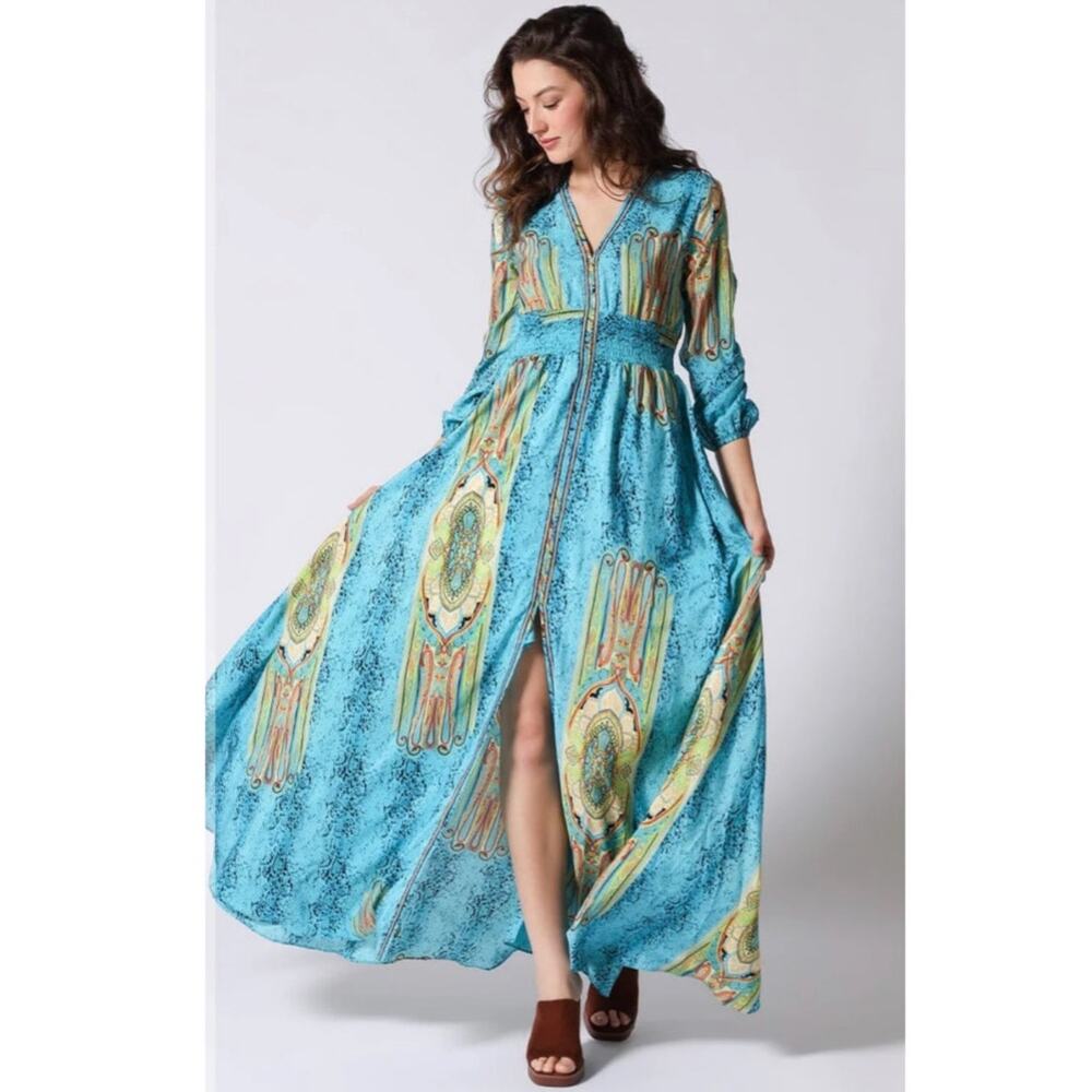 Gracia Maxi Dress Blue Green Smocked Waist Front Slit Boho Whimsical medium